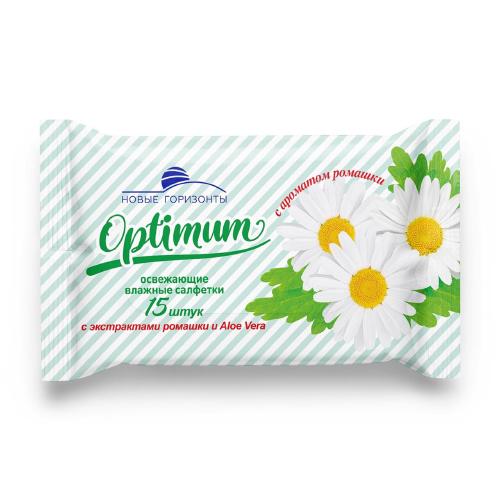 НОВЫЕ ГОРИЗОНТЫ Влажные освежающие салфетки OPTIMUM с ароматом ромашки 15 штук