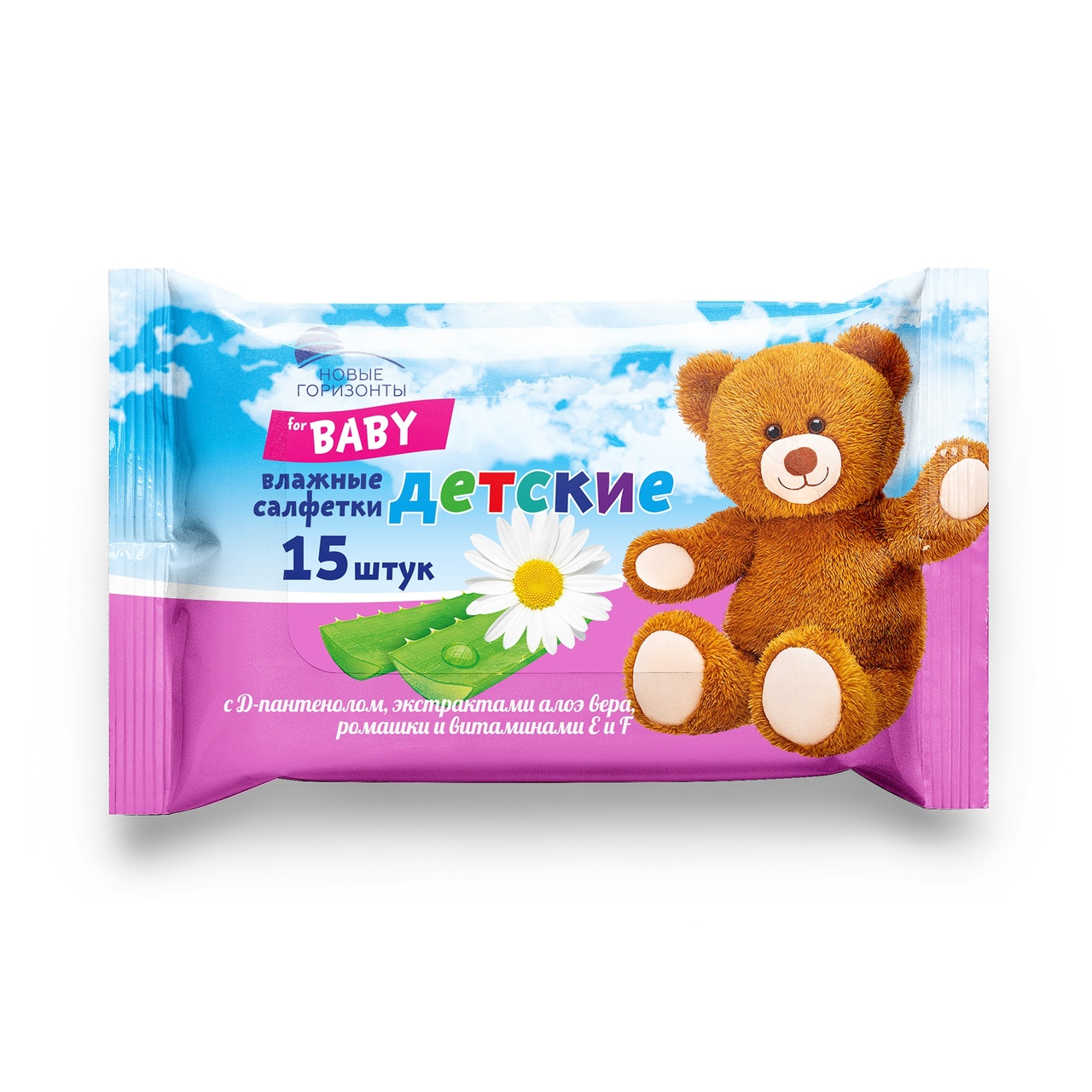 НОВЫЕ ГОРИЗОНТЫ Влажные салфетки BABY с экстрактом ромашки/алоэ 15 штук
