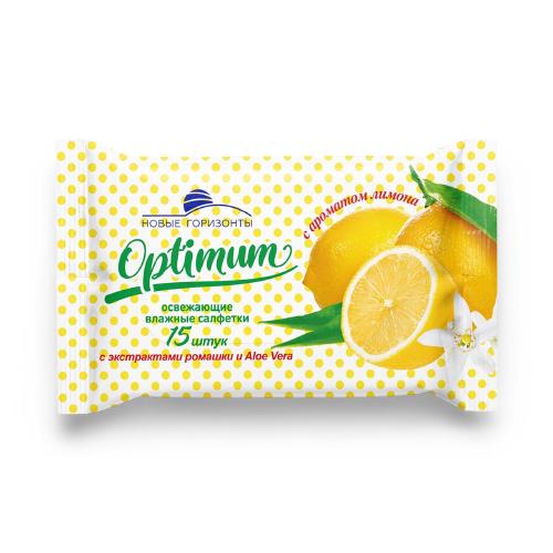 НОВЫЕ ГОРИЗОНТЫ Влажные освежающие салфетки OPTIMUM с ароматом лимона 15 штук